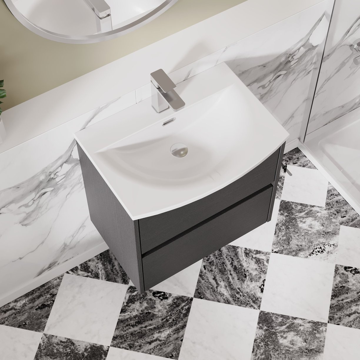 600mm W/H 2-Drawer Unit & Basin 4 - Graphite Grey Woodgrain