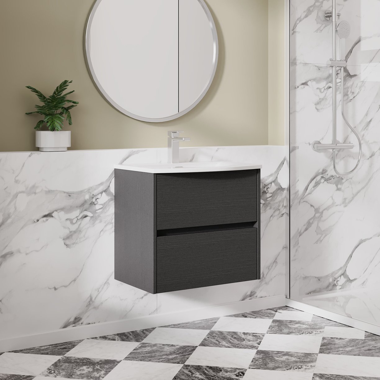 600mm W/H 2-Drawer Unit & Basin 4 - Graphite Grey Woodgrain