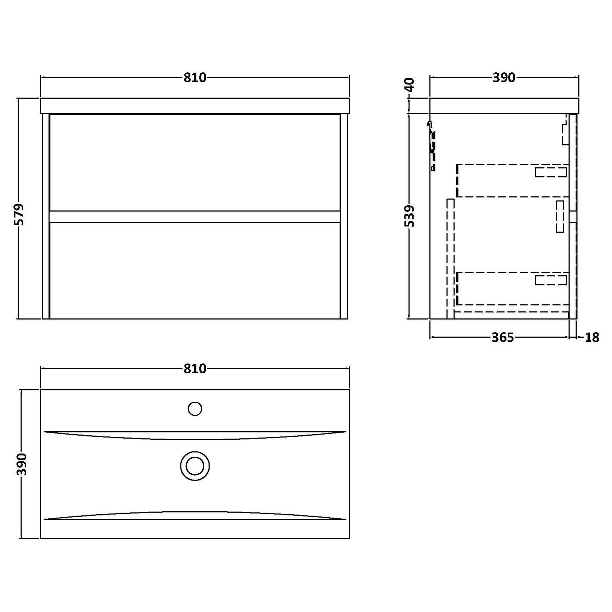 800mm W/H 2-Drawer Unit & Basin 1 - Graphite Grey Woodgrain
