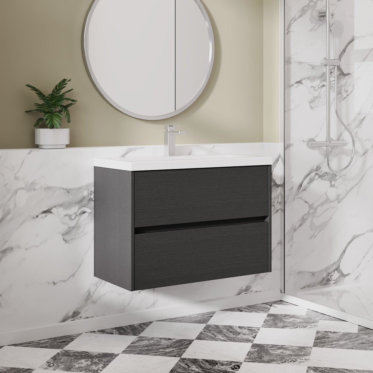 800mm W/H 2-Drawer Unit & Basin 1 - Graphite Grey Woodgrain