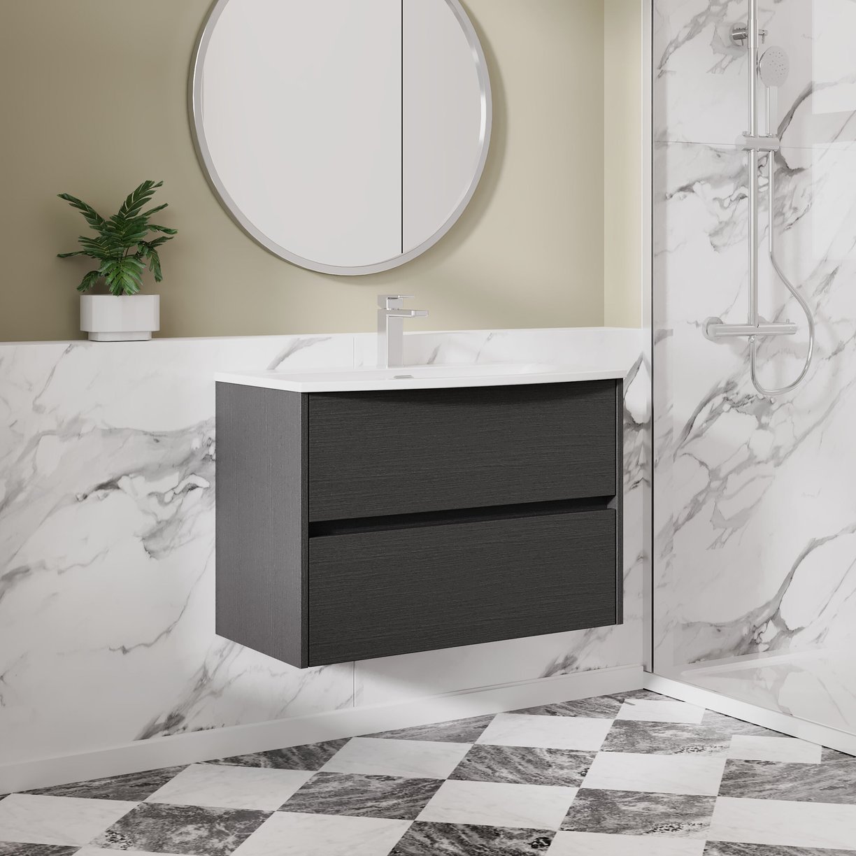 800mm W/H 2-Drawer Unit & Basin 4 - Graphite Grey Woodgrain