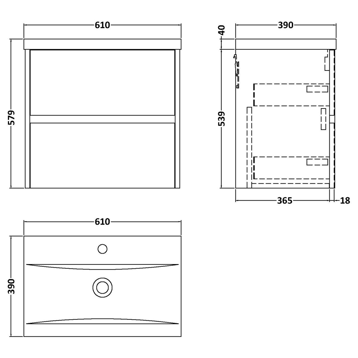 600mm W/H 2-Drawer Unit & Basin 1 - Monument Grey