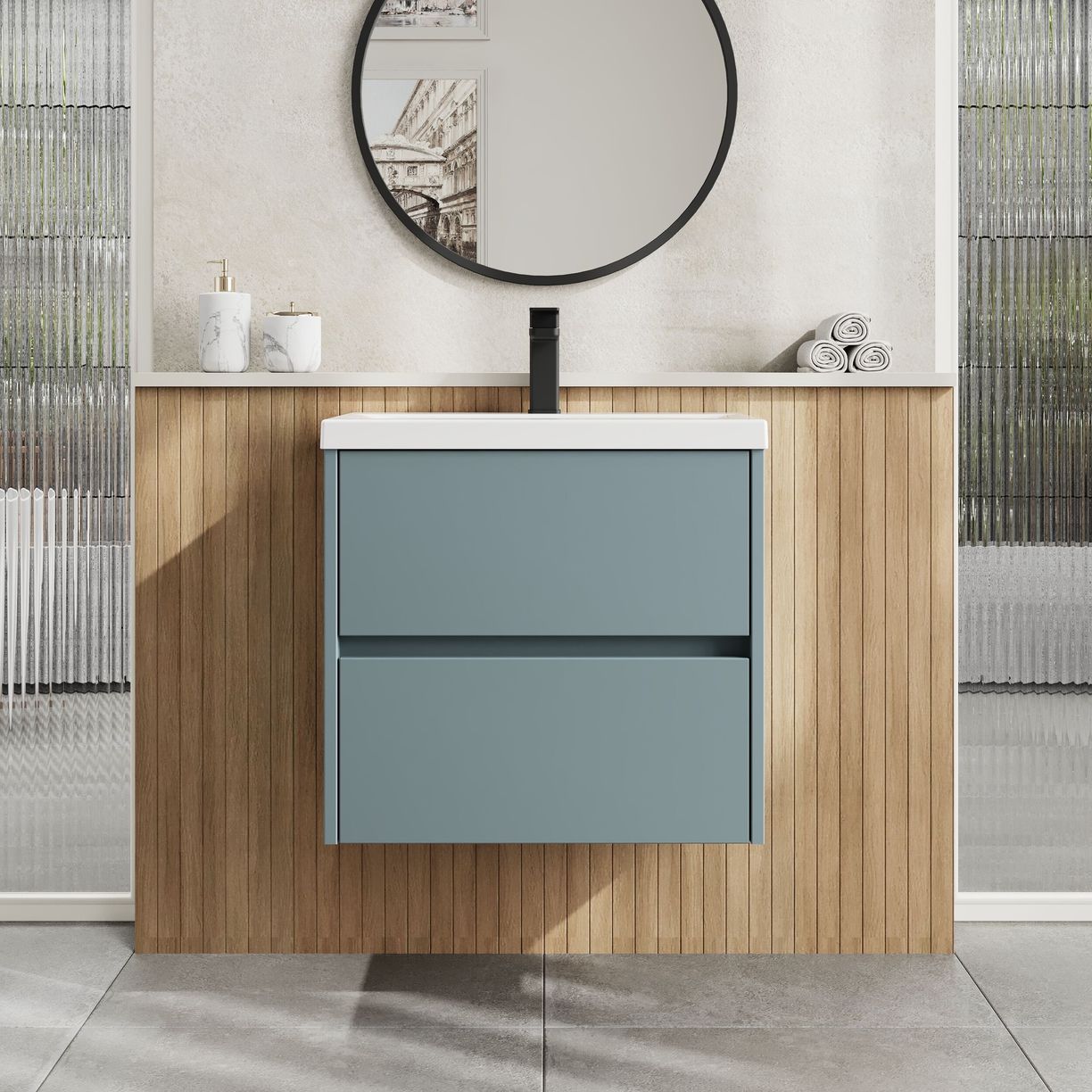 600mm W/H 2-Drawer Unit & Basin 1 - Monument Grey
