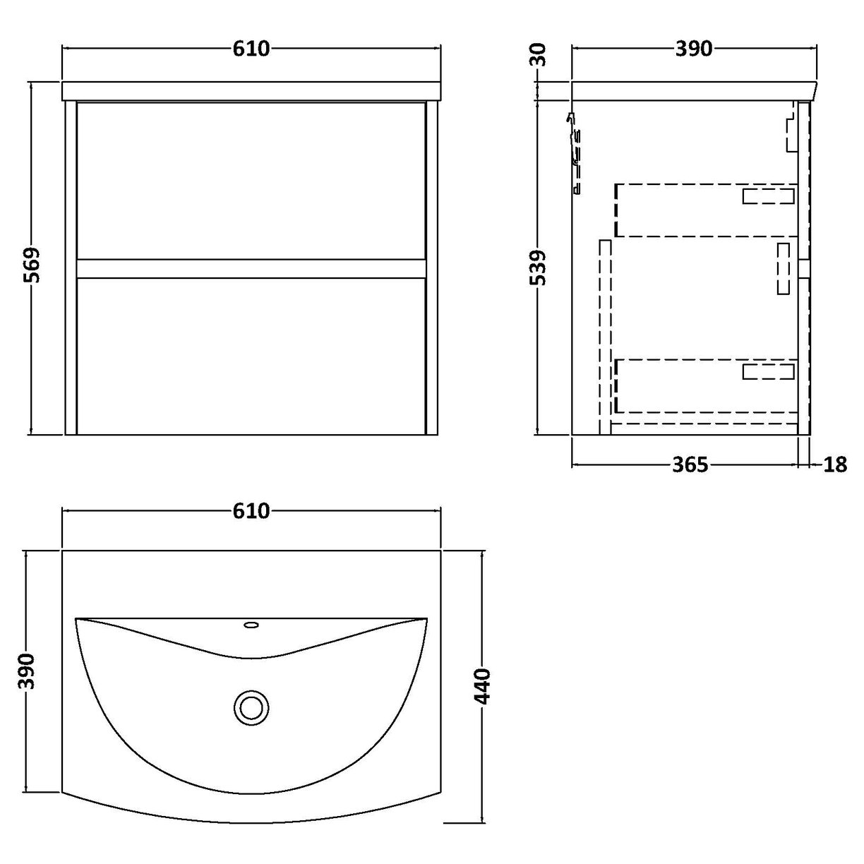 600mm W/H 2-Drawer Unit & Basin 4 - Monument Grey