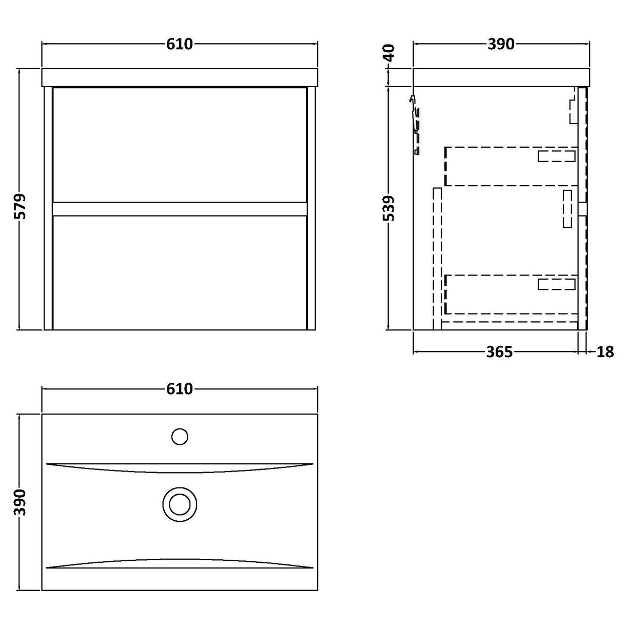 600mm W/H 2-Drawer Unit & Basin 1 - Metallic Slate