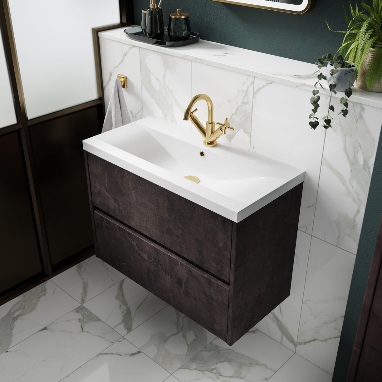 600mm W/H 2-Drawer Unit & Basin 1 - Metallic Slate