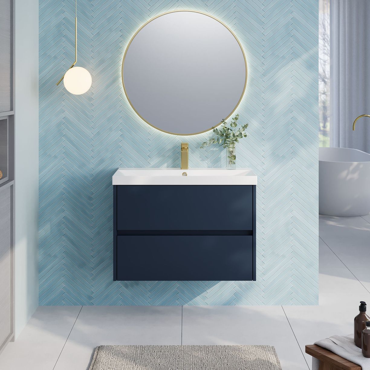 800mm W/H 2-Drawer Unit & Basin 3 - Indigo Blue