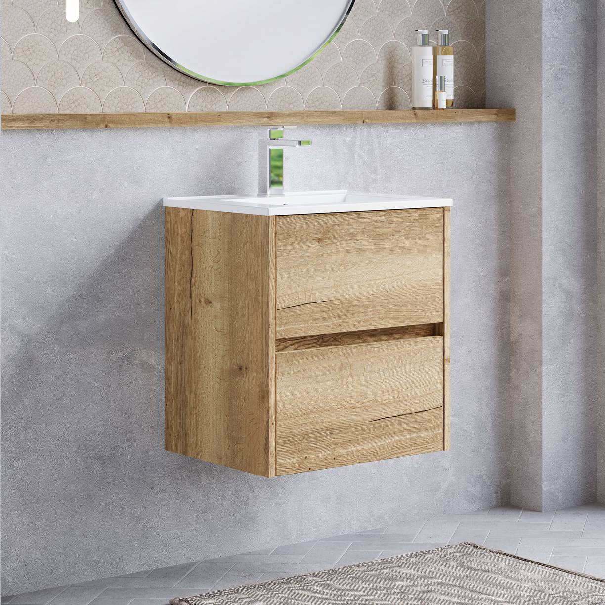500mm W/H 2-Drawer Unit & Basin 2 - Halifax Oak