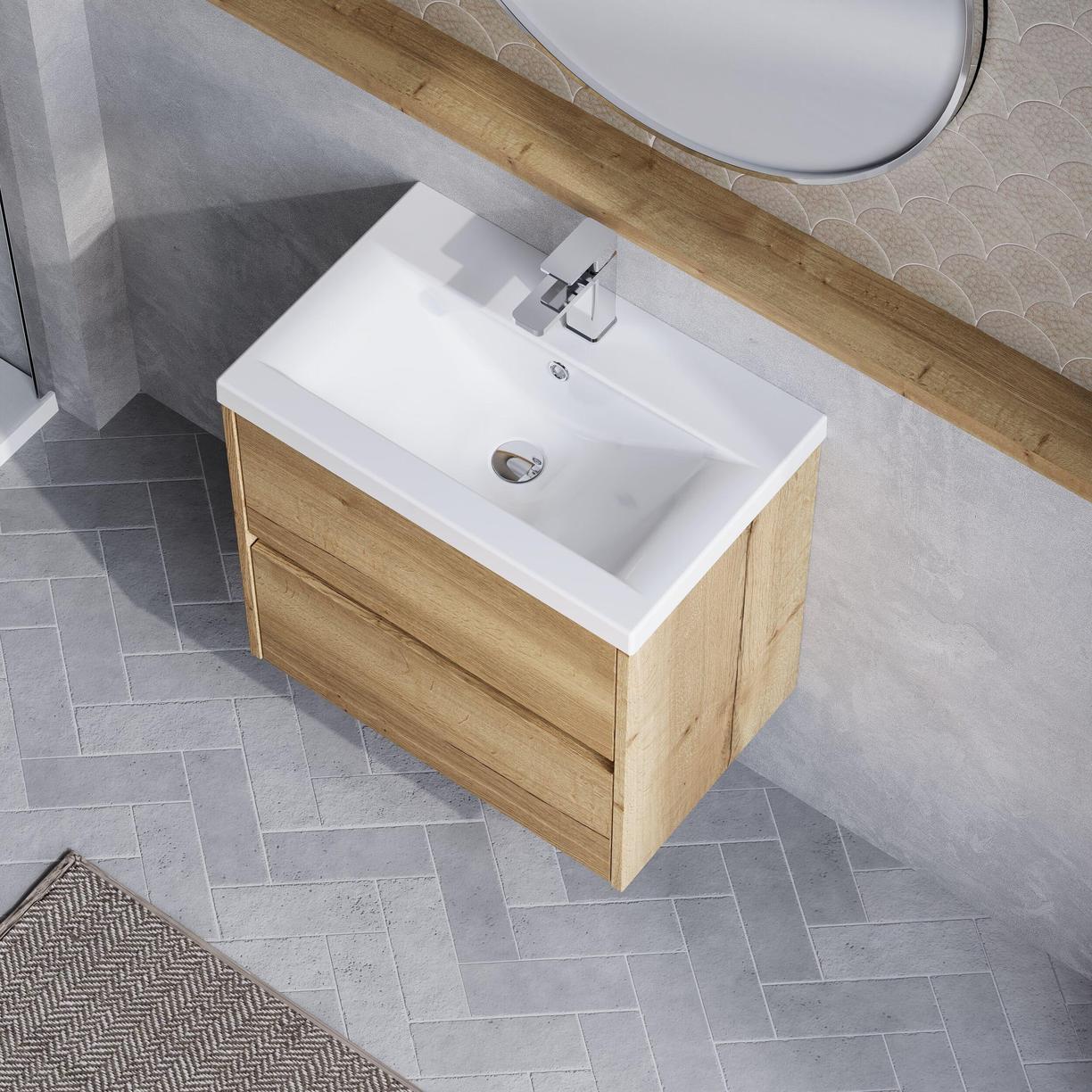 600mm W/H 2-Drawer Unit & Basin 1 - Halifax Oak