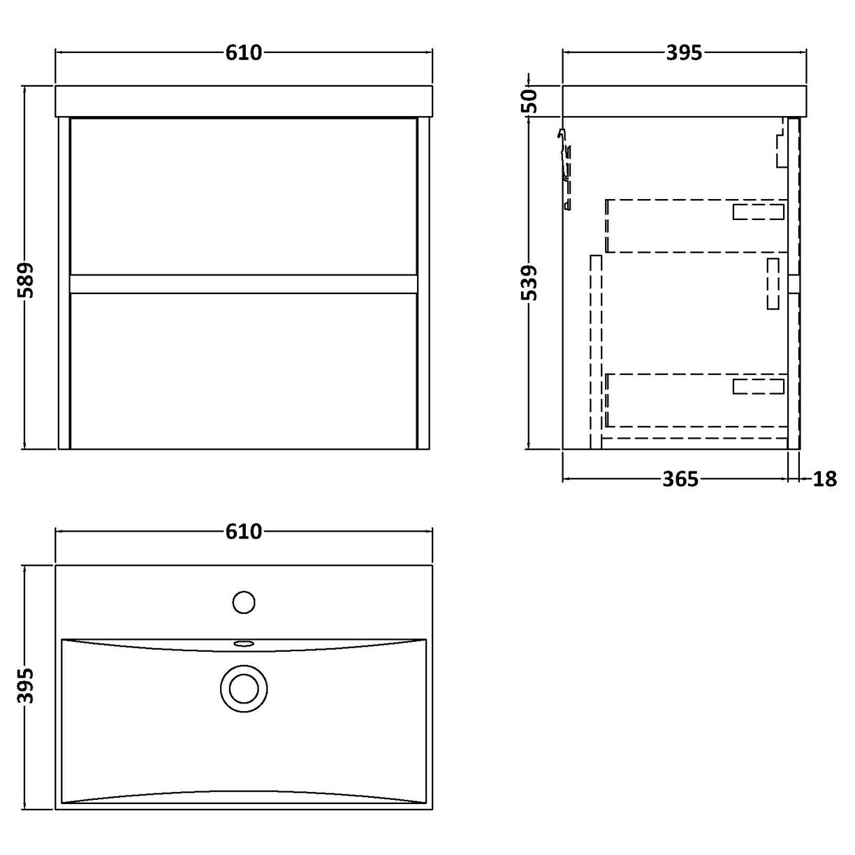 600mm W/H 2-Drawer Unit & Basin 3 - Halifax Oak