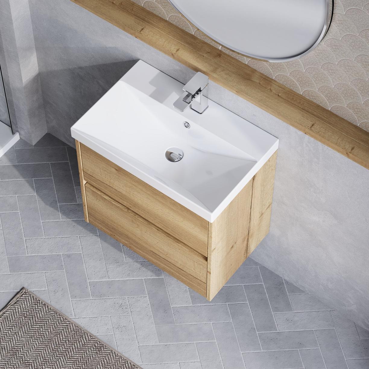 600mm W/H 2-Drawer Unit & Basin 3 - Halifax Oak