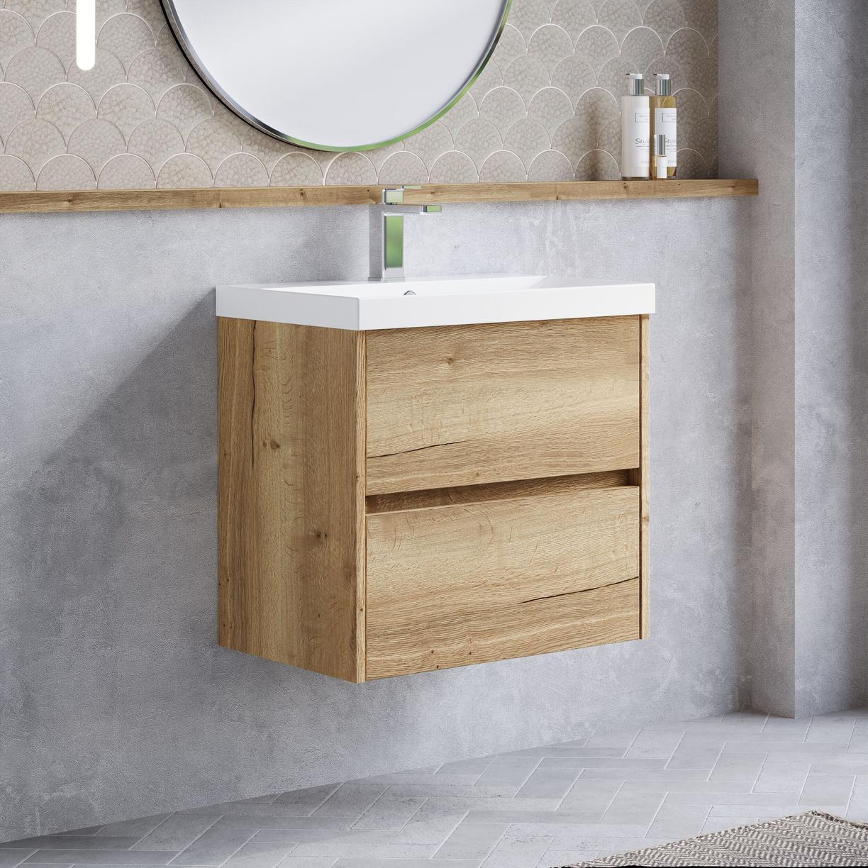 600mm W/H 2-Drawer Unit & Basin 3 - Halifax Oak