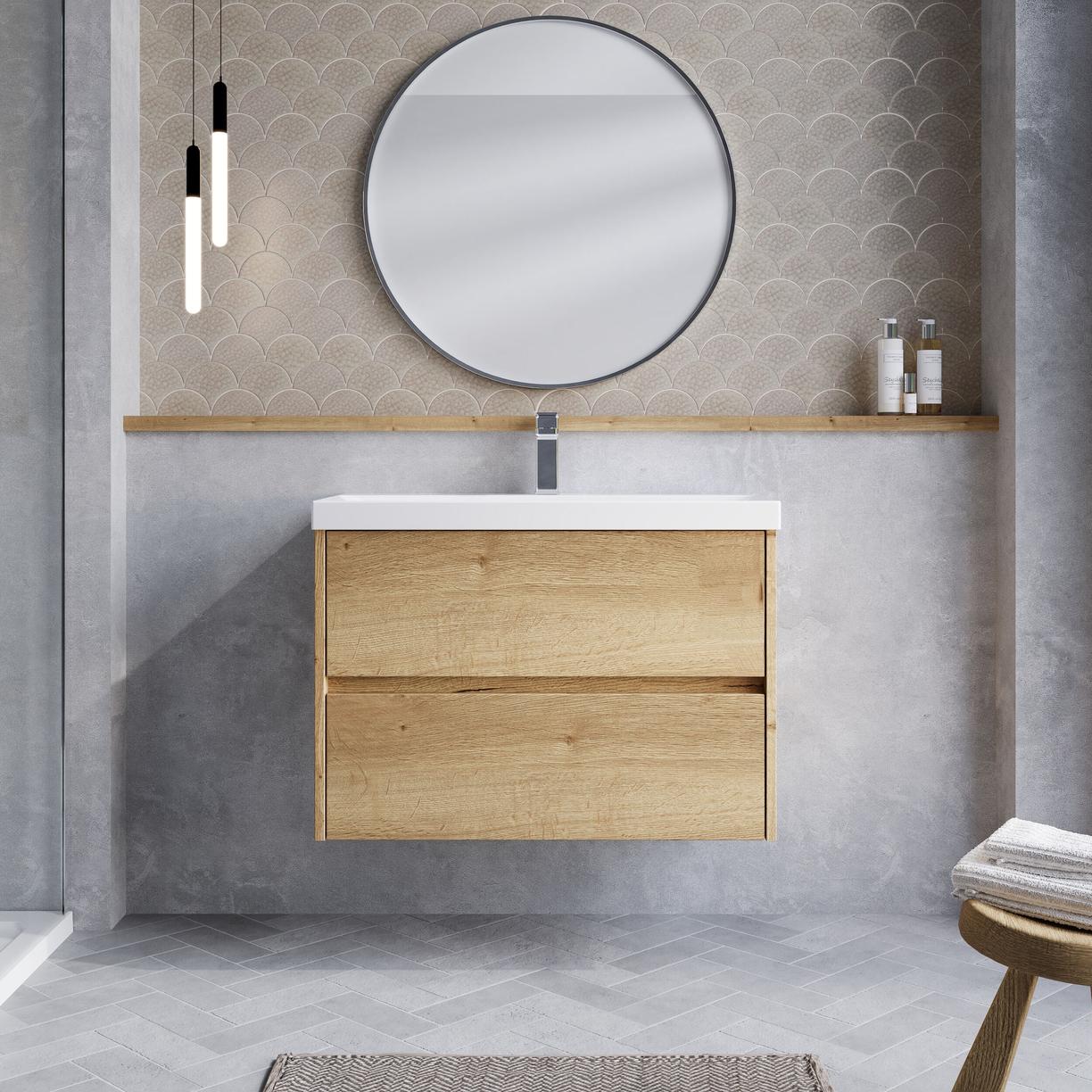 800mm W/H 2-Drawer Unit & Basin 3 - Halifax Oak