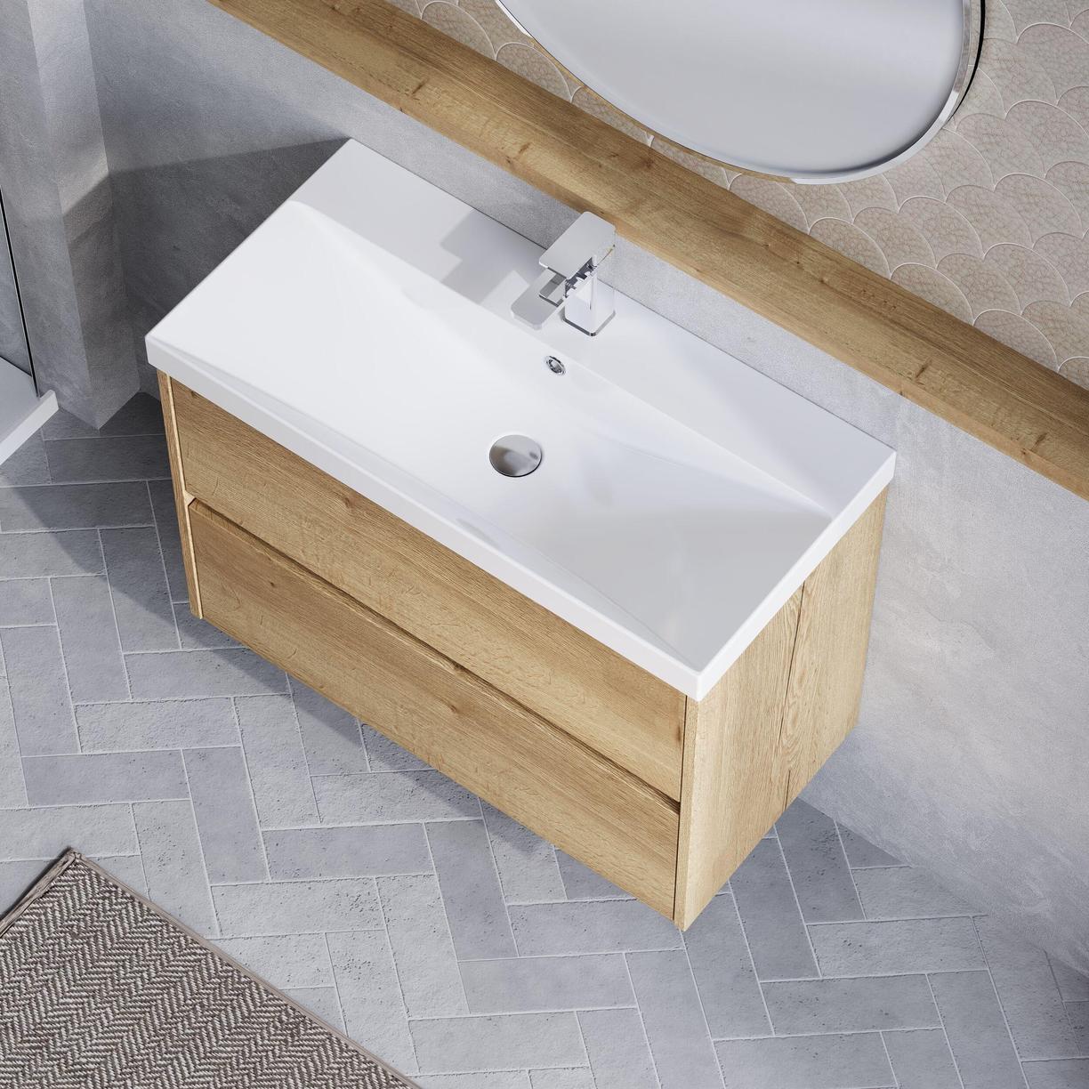 800mm W/H 2-Drawer Unit & Basin 3 - Halifax Oak