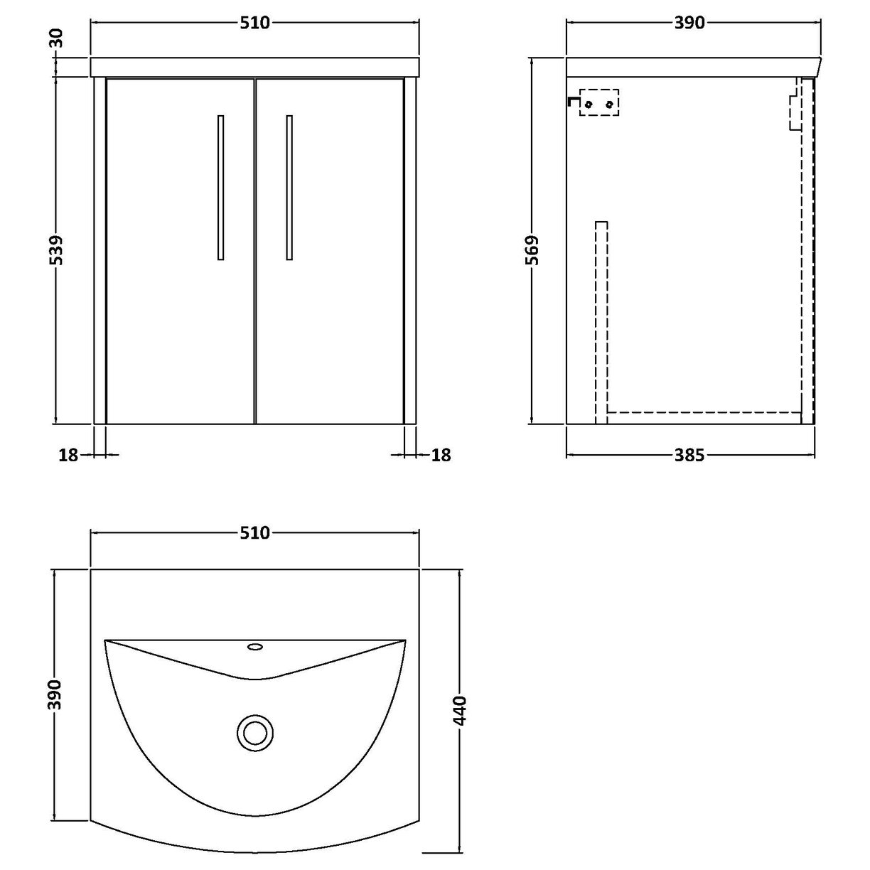 500 Wh 2-Door Vanity & Basin 4 - Bleached Oak