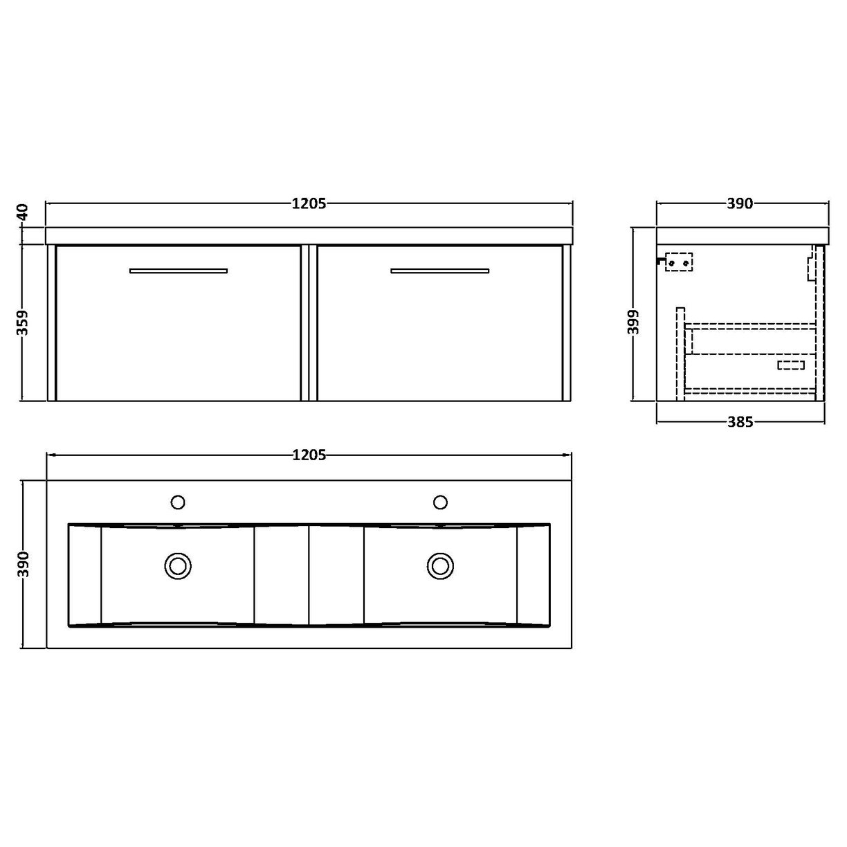 1200 Wh 2-Drawer Vanity & Double Basin - Bleached Oak