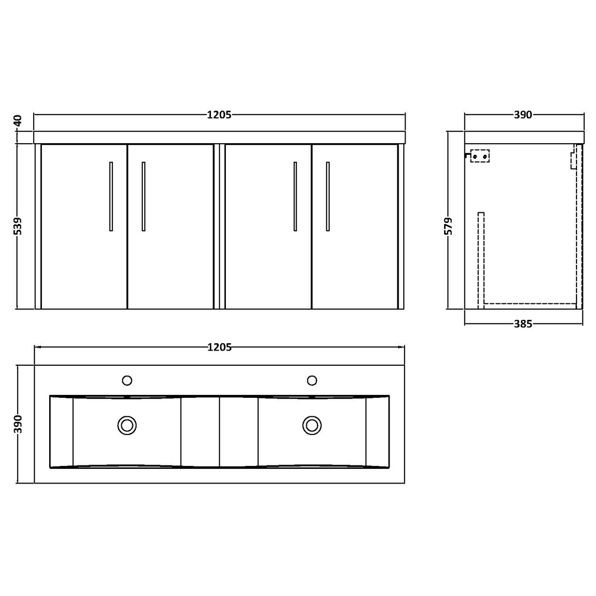 1200 Wh 4-Door Vanity & Double Basin - Bleached Oak