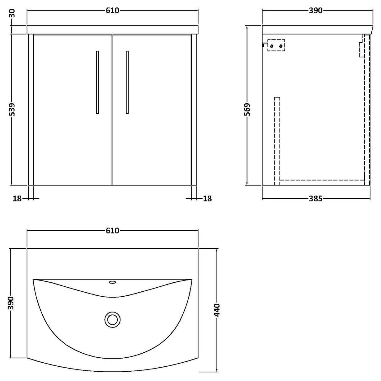 600 Wh 2-Door Vanity & Basin 4 - Bleached Oak