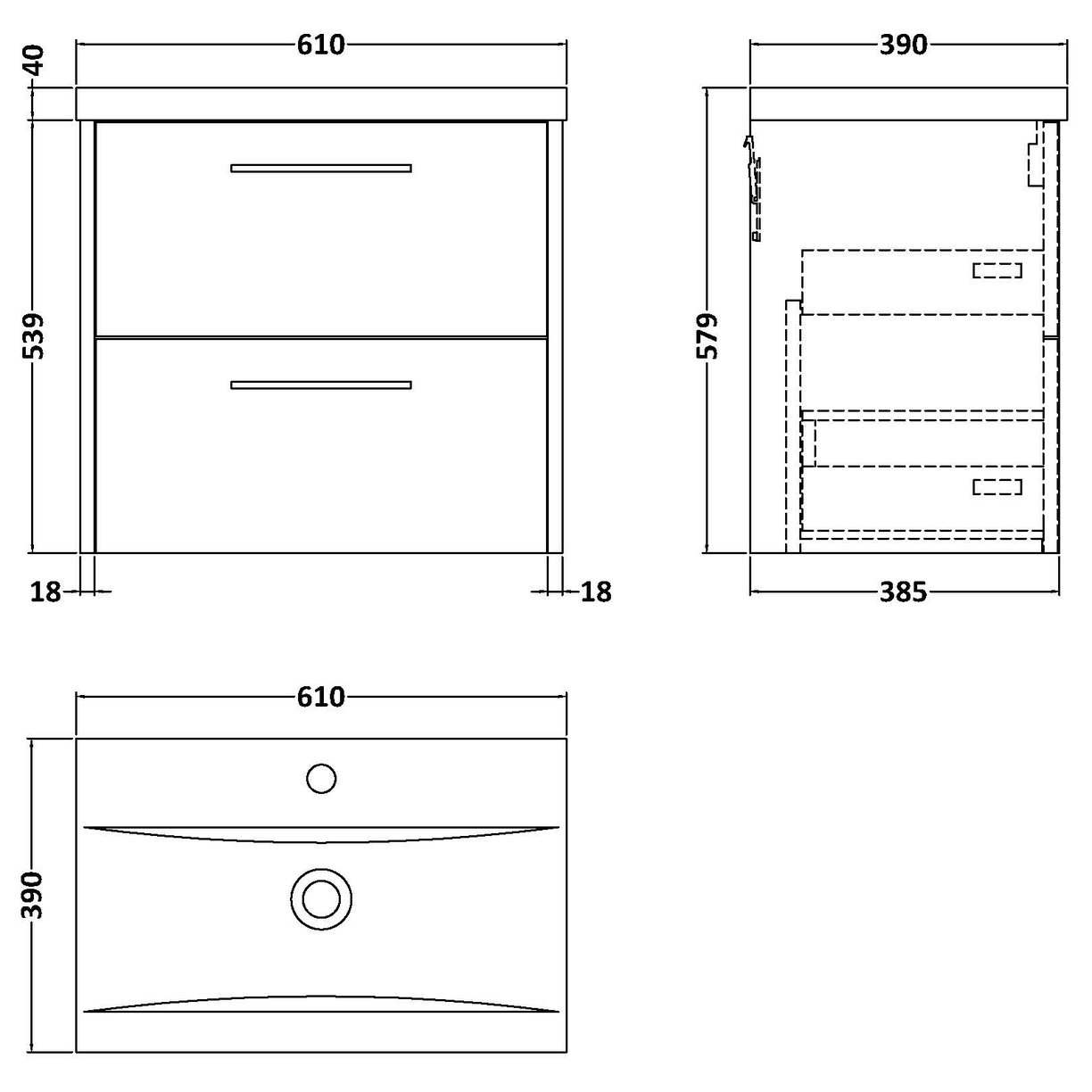 600 Wh 2-Drawer Vanity & Basin 1 - Bleached Oak
