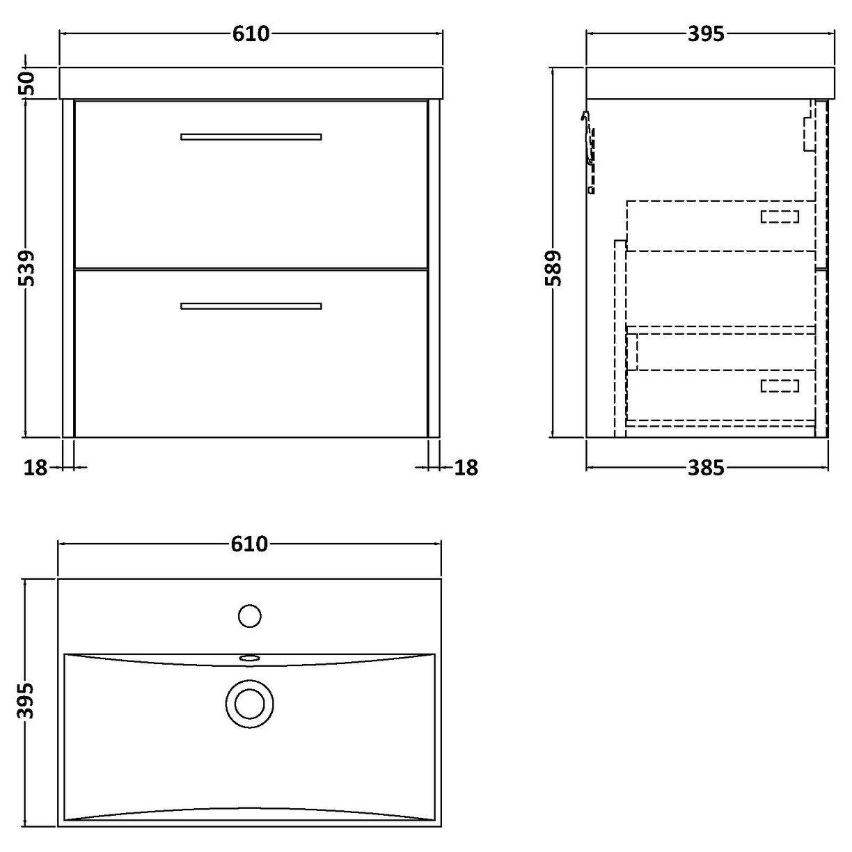 600 Wh 2-Drawer Vanity & Basin 3 - Bleached Oak