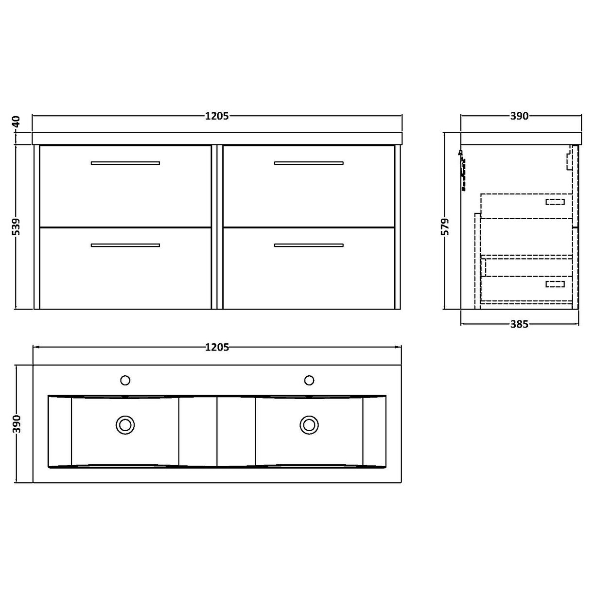 1200 Wh 4-Drawer Vanity & Double Basin - Bleached Oak
