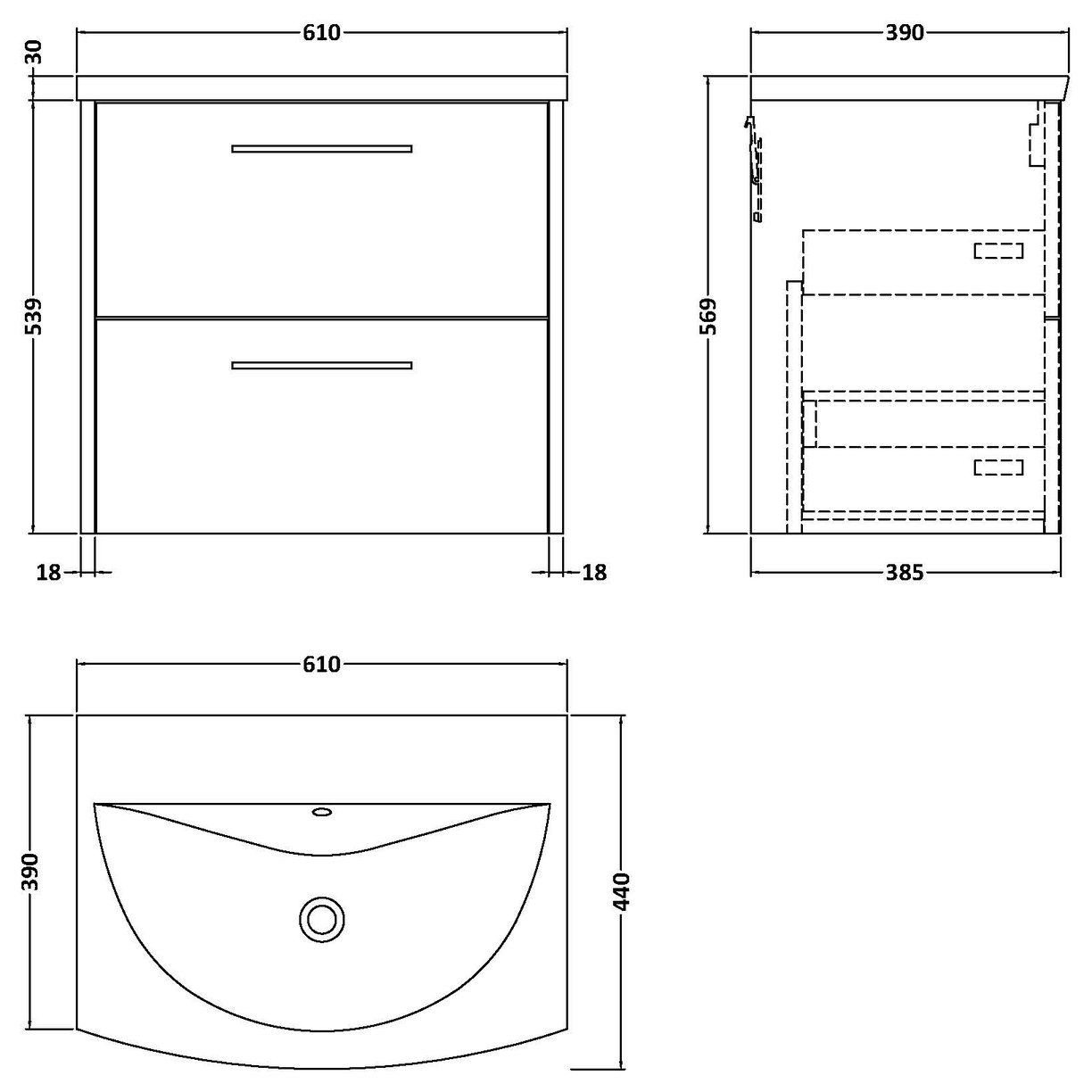 600 Wh 2-Drawer Vanity & Basin 4 - Bleached Oak