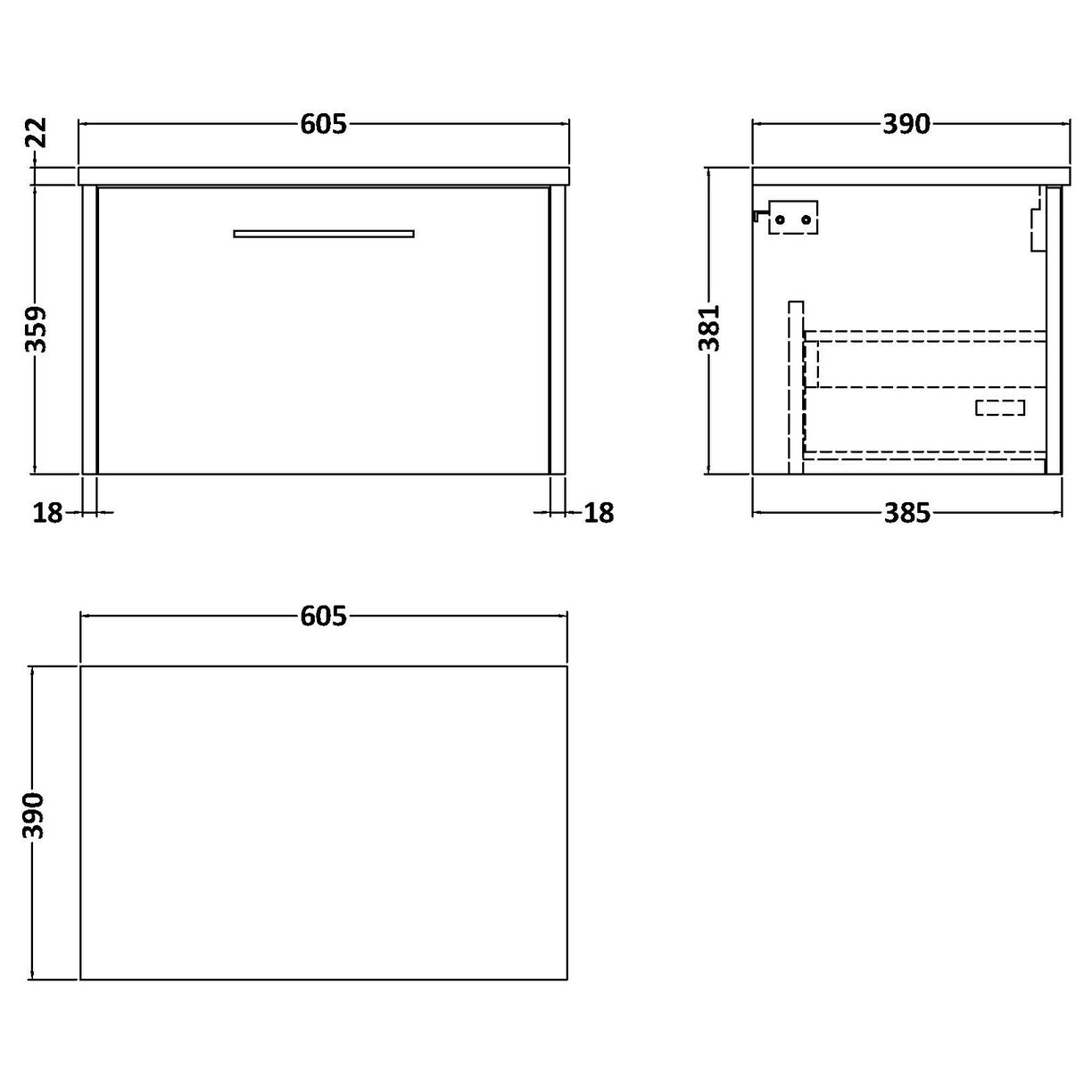 600 Wh Single Drawer Vanity & Laminate T - Coastal Grey