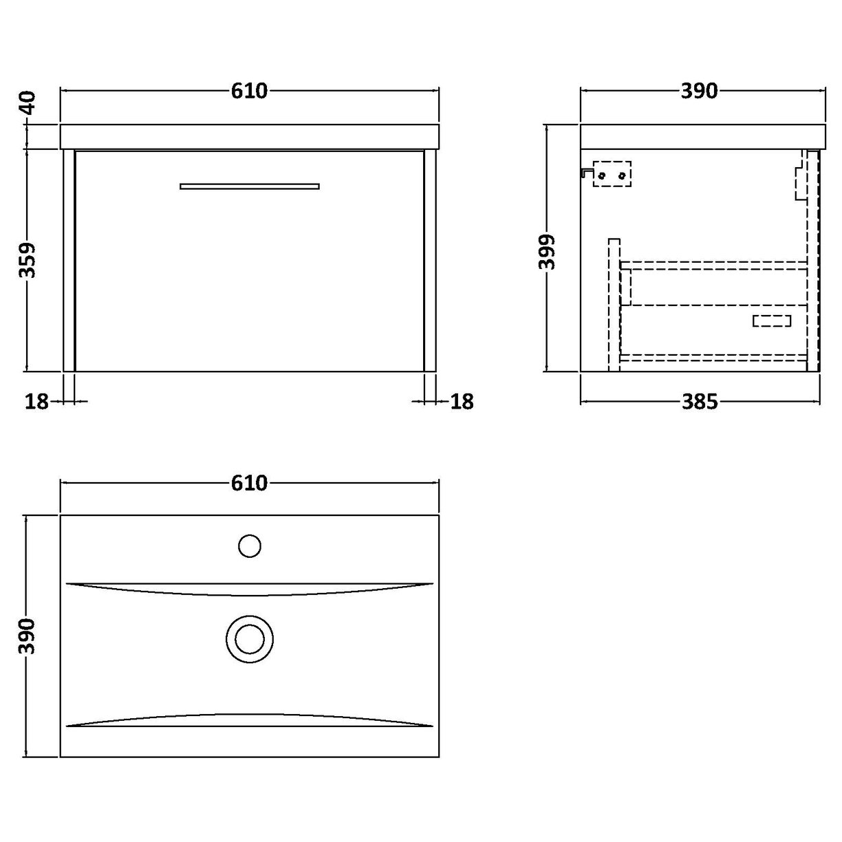 600 Wh Single Drawer Vanity & Basin 1 - Indigo Blue