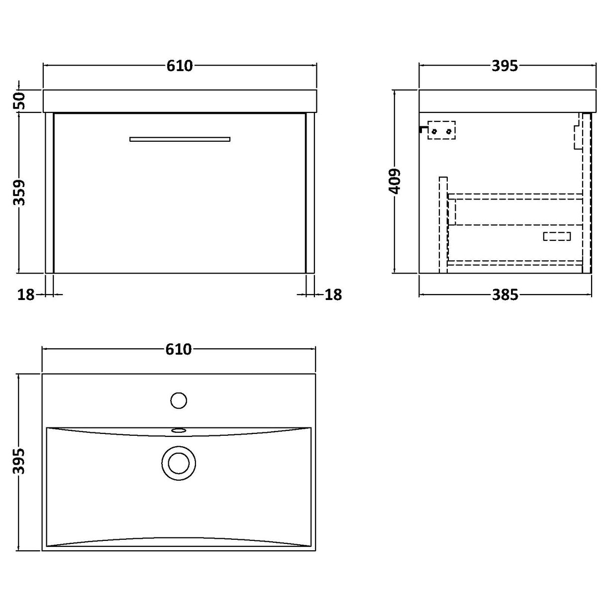 600 Wh Single Drawer Vanity & Basin 3 - Indigo Blue