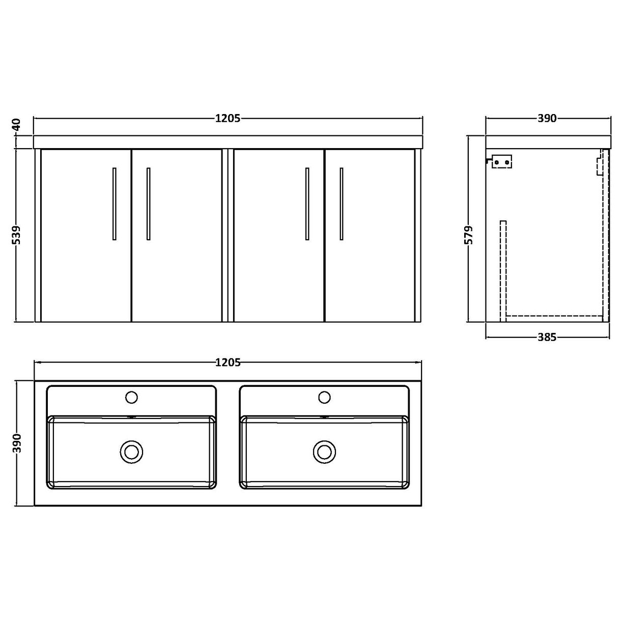 1200 Wh 4-Door Vanity & Double Basin - Indigo Blue