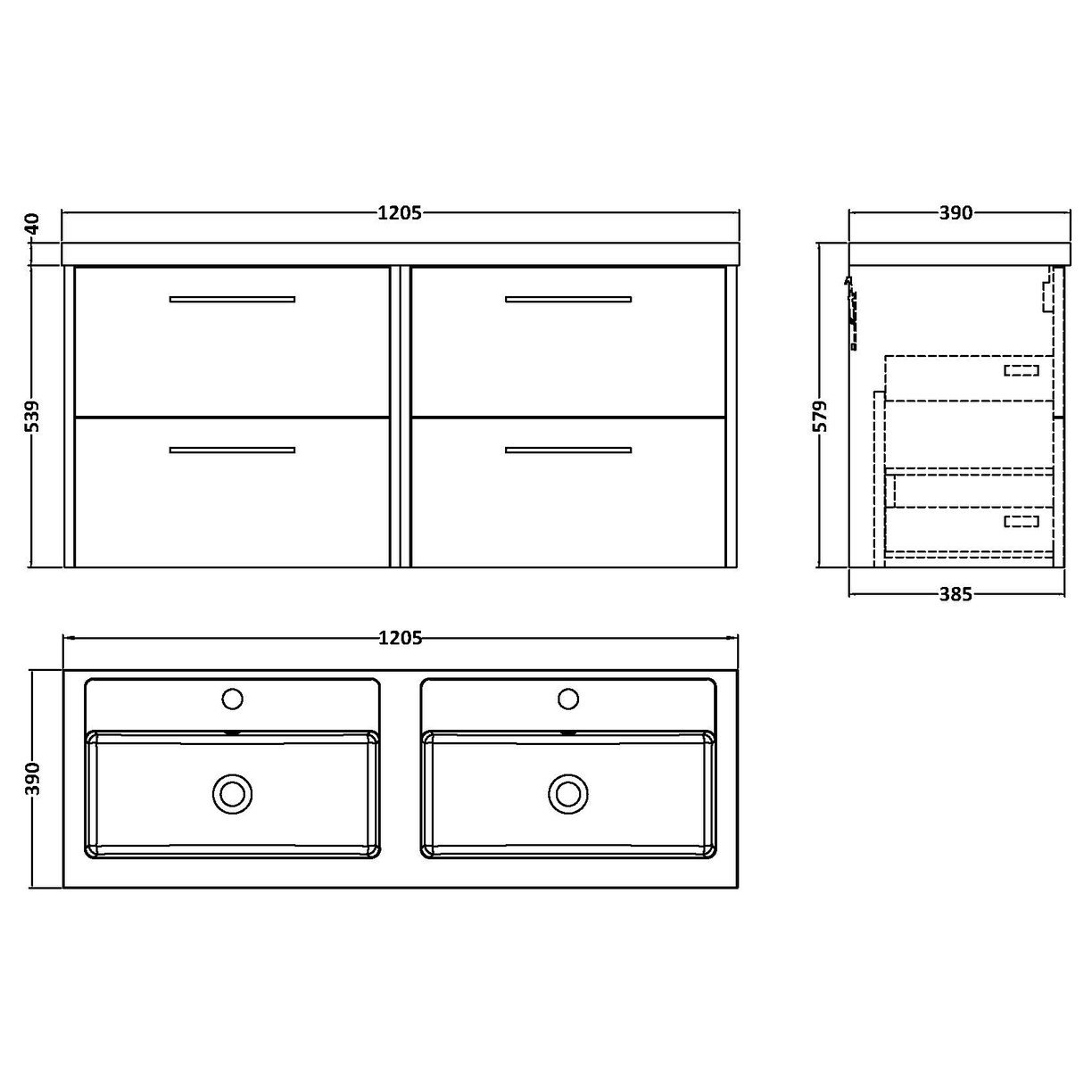 1200 Wh 4-Drawer Vanity & Double Basin - Indigo Blue