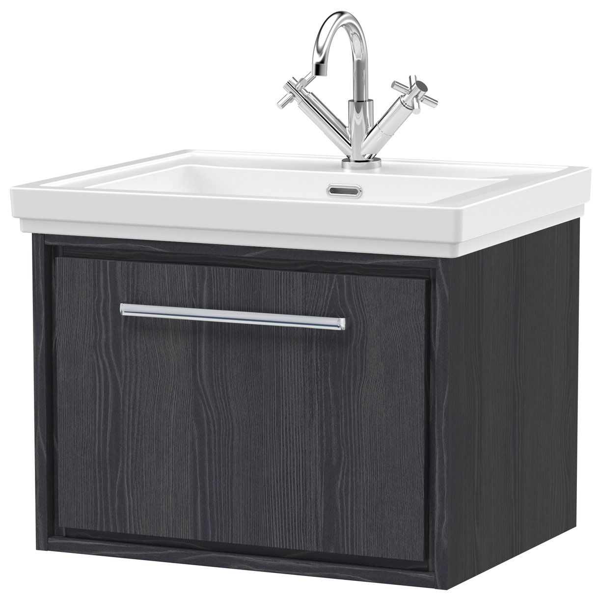 600 WH Single Drawer Unit & Basin 1TH - Graphite Grey Woodgrain
