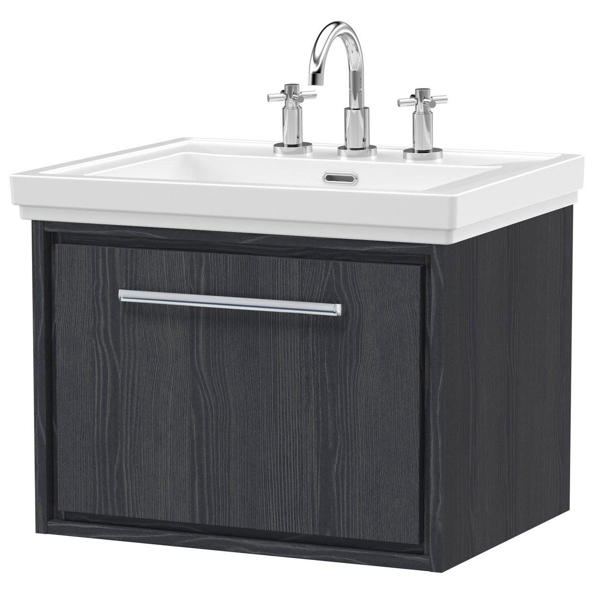 600 WH Single Drawer Unit & Basin 3TH - Graphite Grey Woodgrain