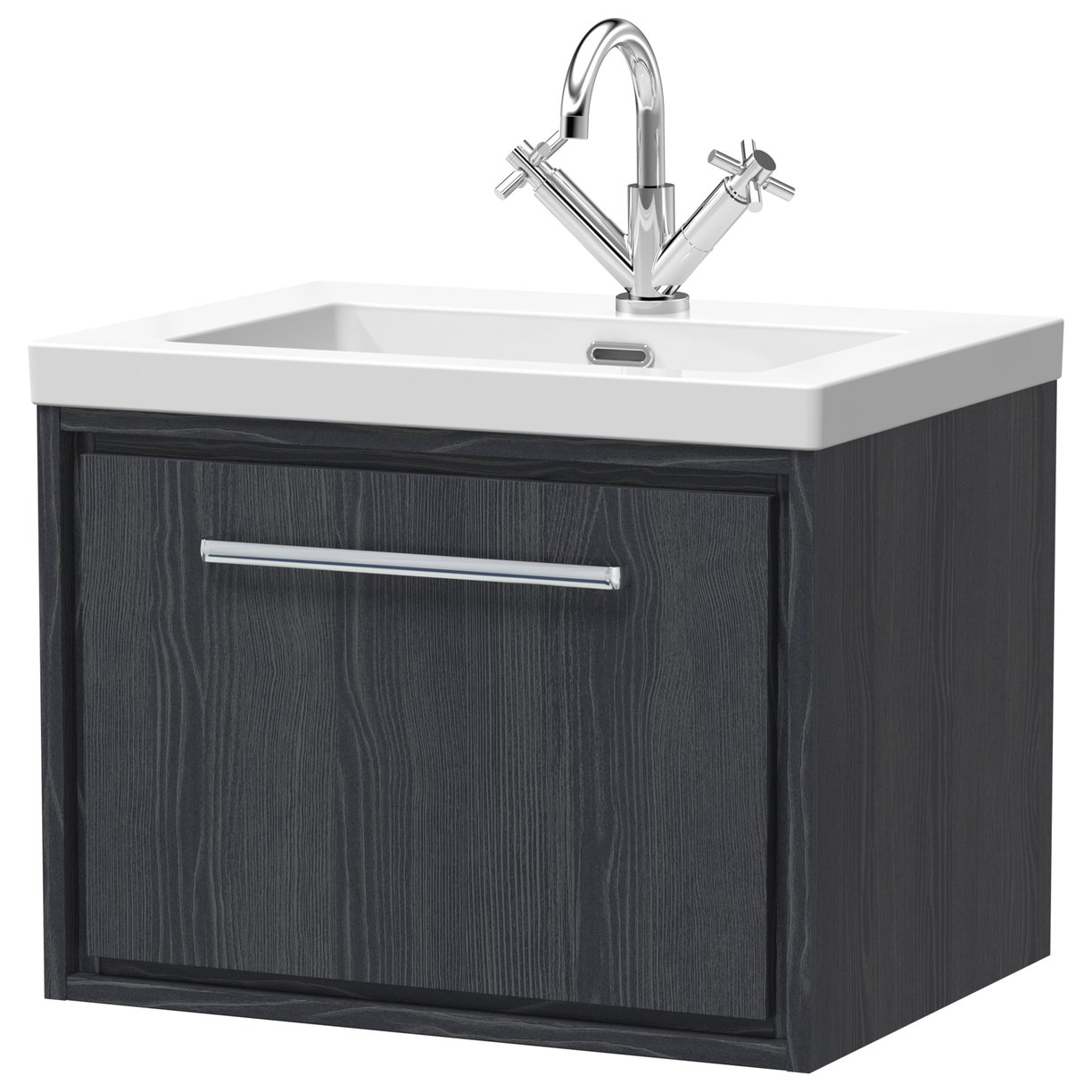 600 WH Single Drawer Unit & Basin 1TH - Graphite Grey Woodgrain