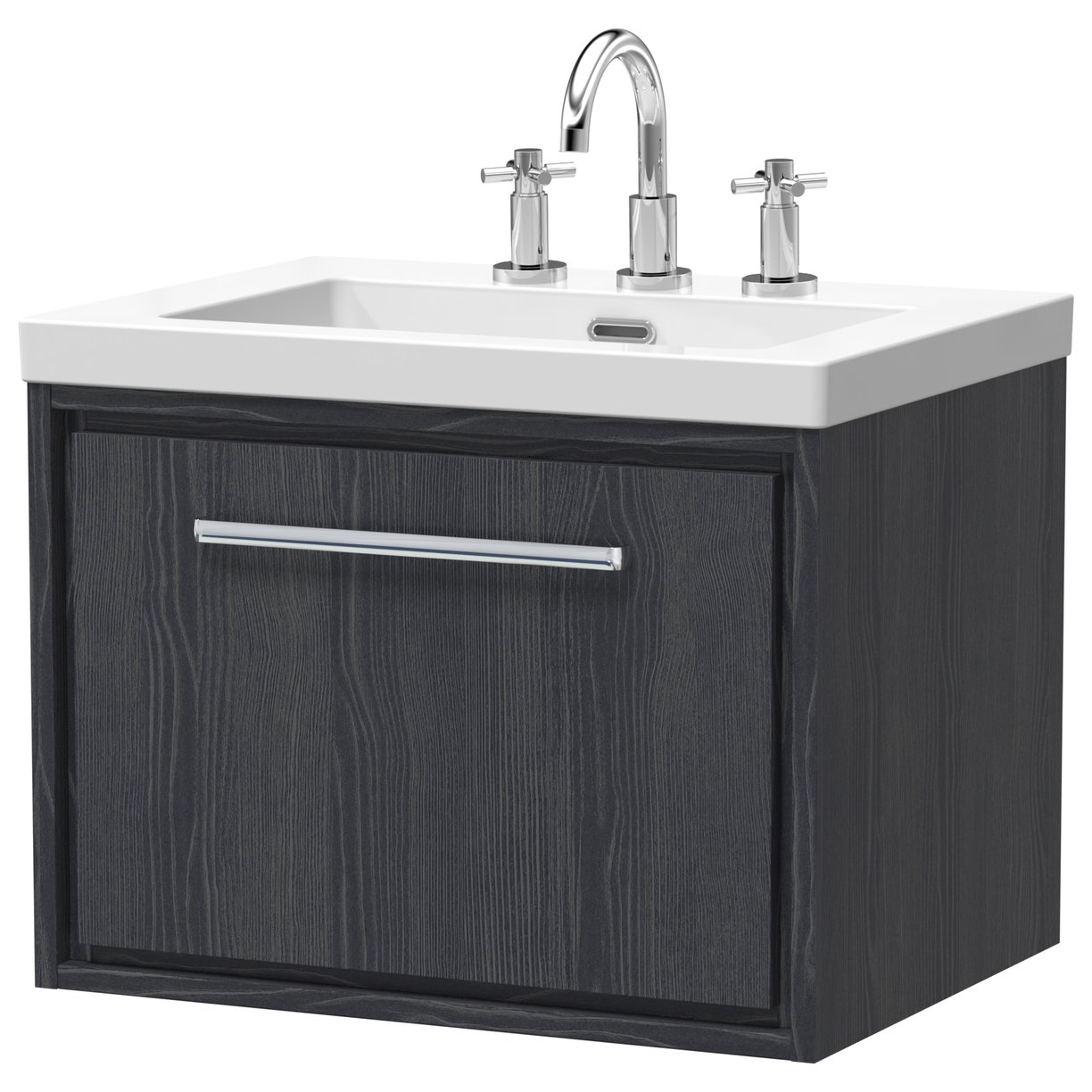 600 WH Single Drawer Unit & Basin 3TH - Graphite Grey Woodgrain