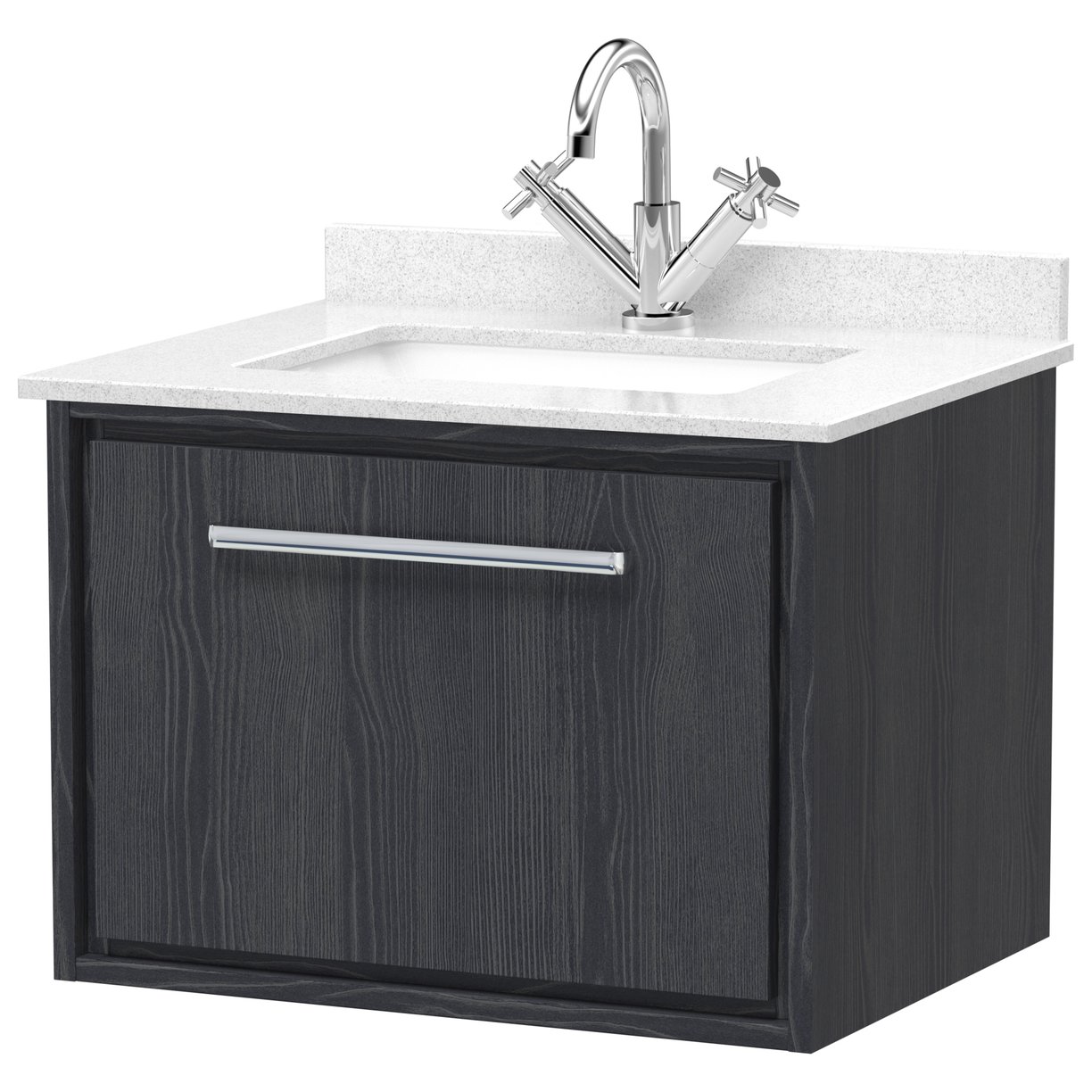 600 WH Single Drawer Unit & Marble Worktop w Basin - Graphite Grey Woodgrain