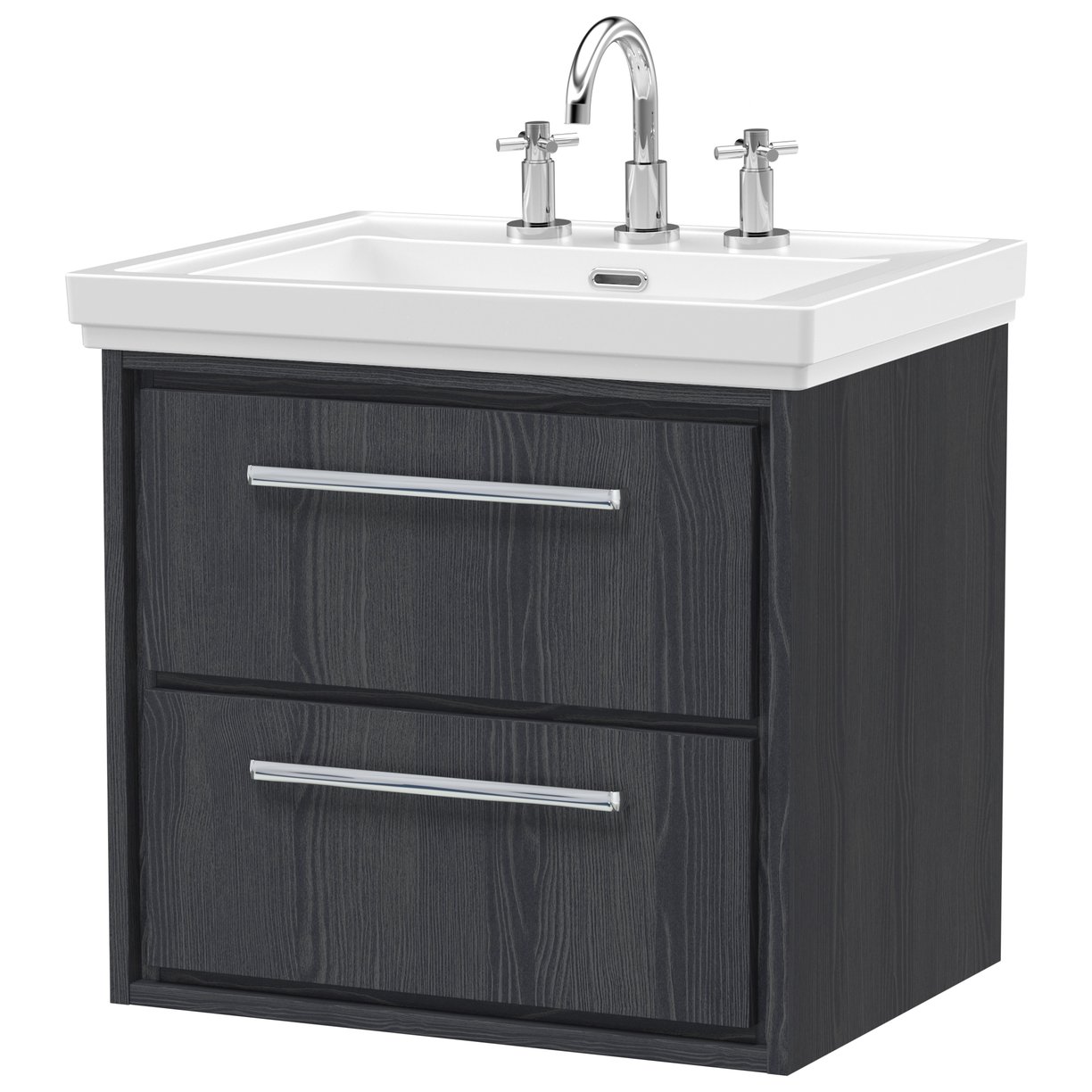 600 WH 2-Drawer Unit & Basin 3TH - Graphite Grey Woodgrain