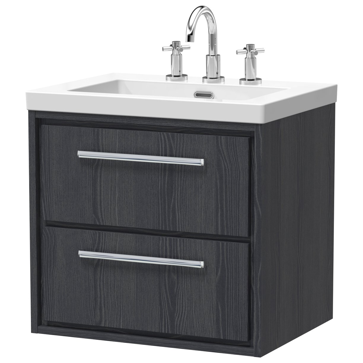600 WH 2-Drawer Unit & Basin 3TH - Graphite Grey Woodgrain