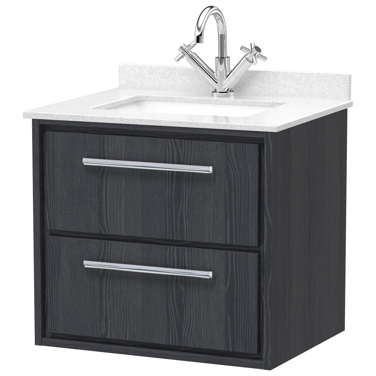 600 WH 2-Drawer Unit & Marble Worktop w Basin - Graphite Grey Woodgrain