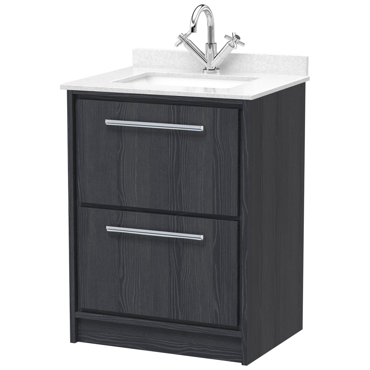 600 FS 2-Drawer Unit & Marble Worktop w Basin - Graphite Grey Woodgrain