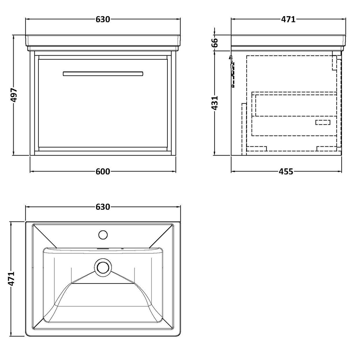 600 WH 1-Drawer Unit Classique Basin 1TH - Coastal Grey