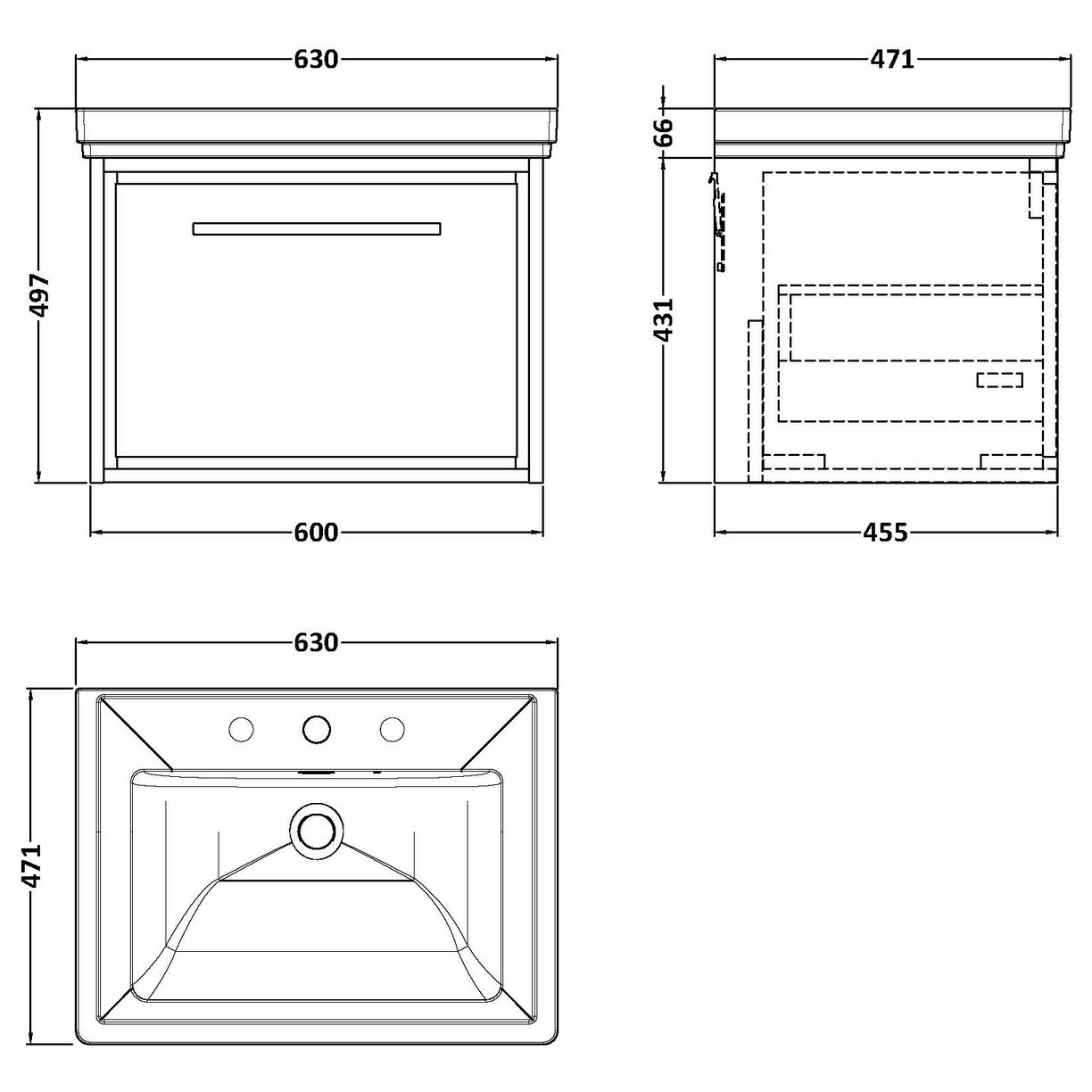 600 WH 1-Drawer Unit Classique Basin 1TH - Coastal Grey