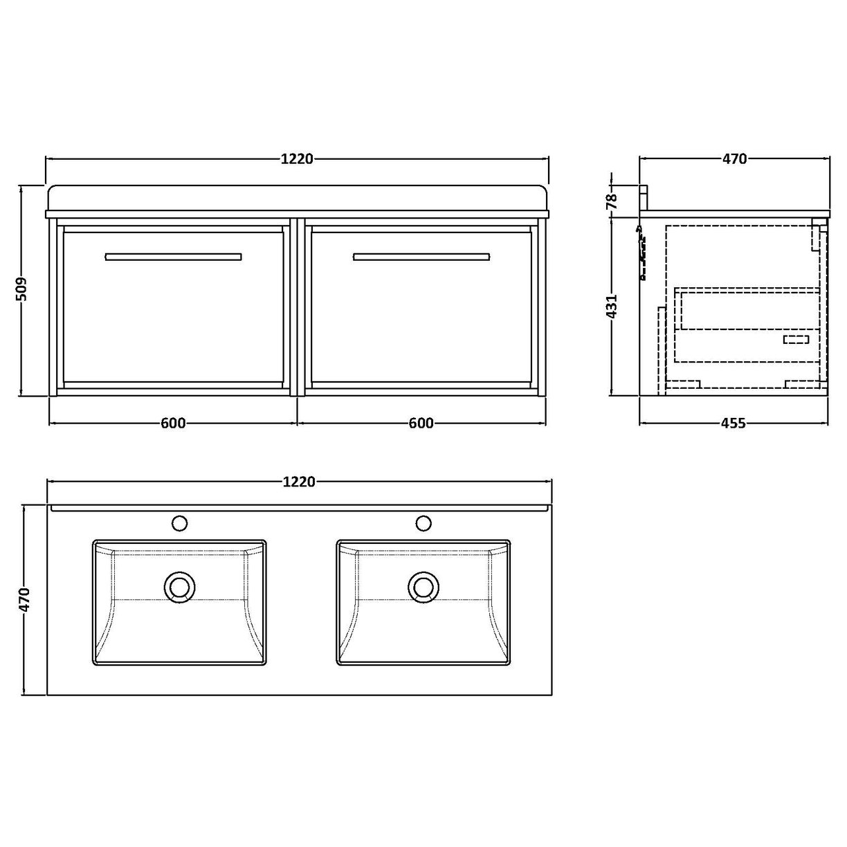 1200 WH 2-Drwr Unit Twn Marble Basin 1TH - Coastal Grey