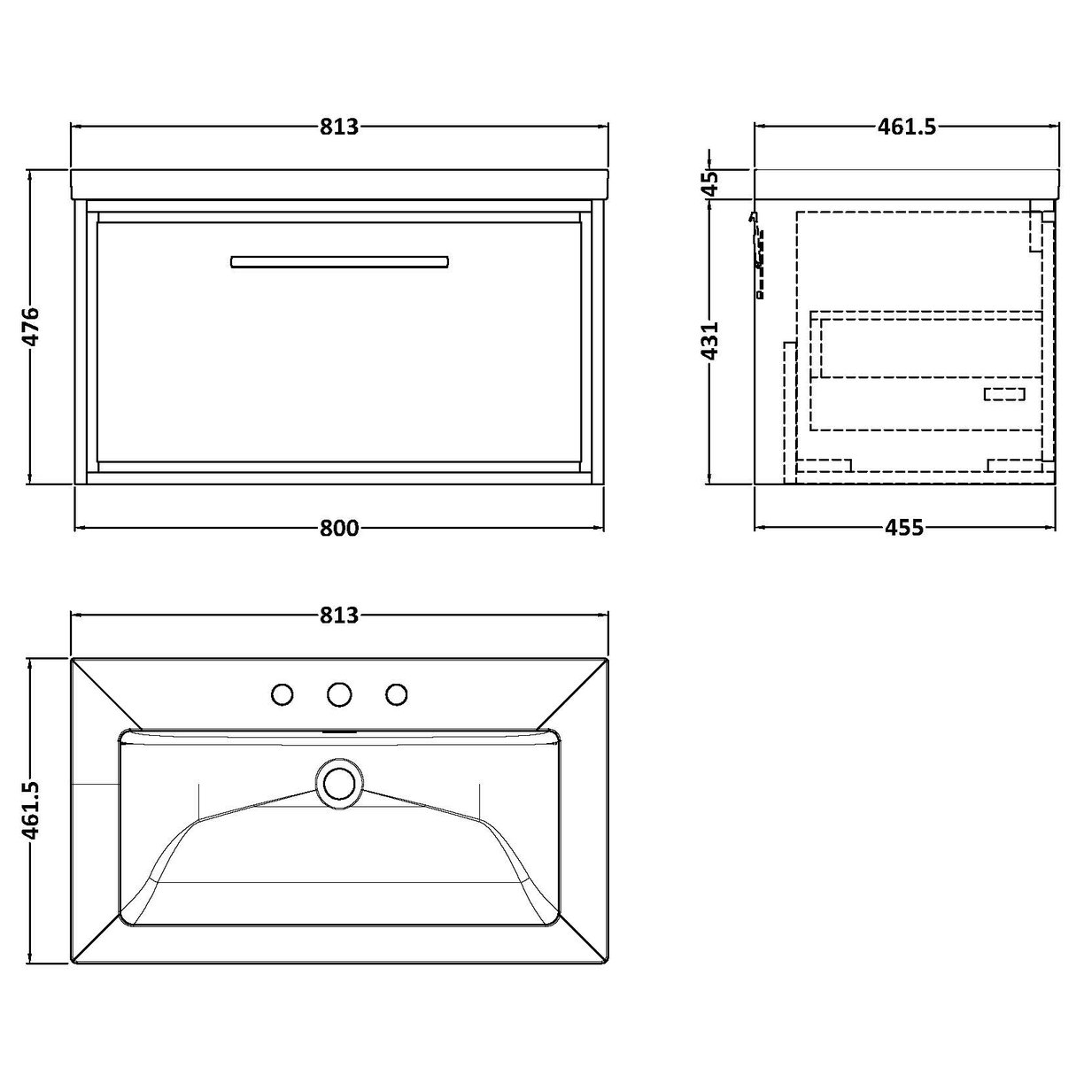 800 WH 1-Drawer Unit Contemp Basin 3TH - Coastal Grey