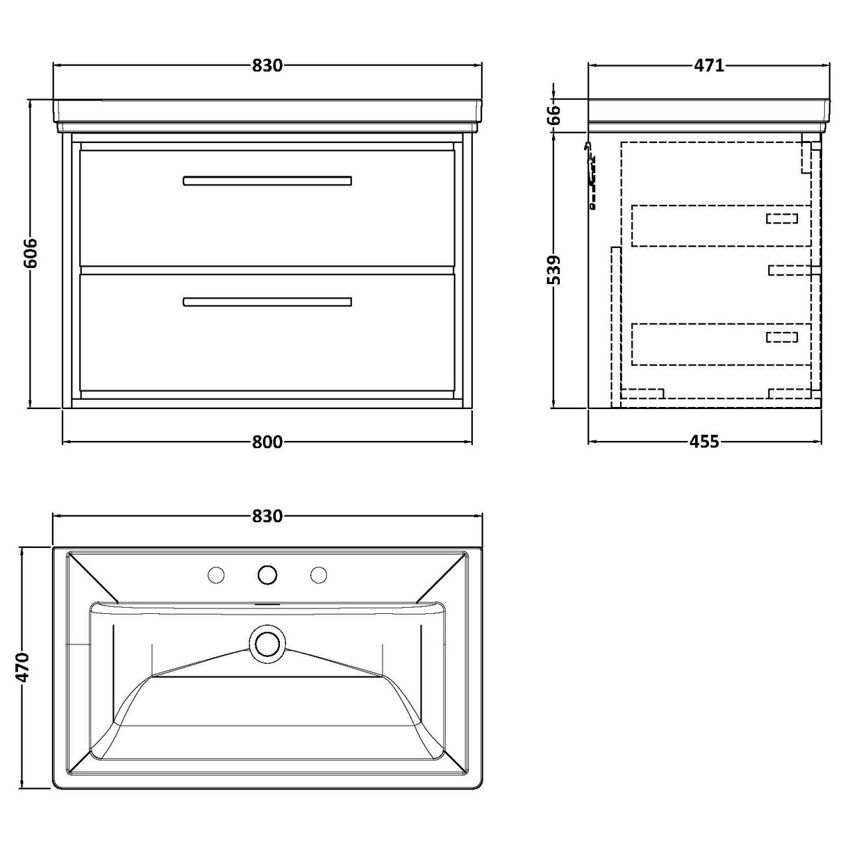 800 WH 2-Drawer Unit Classique Basin 1TH - Coastal Grey