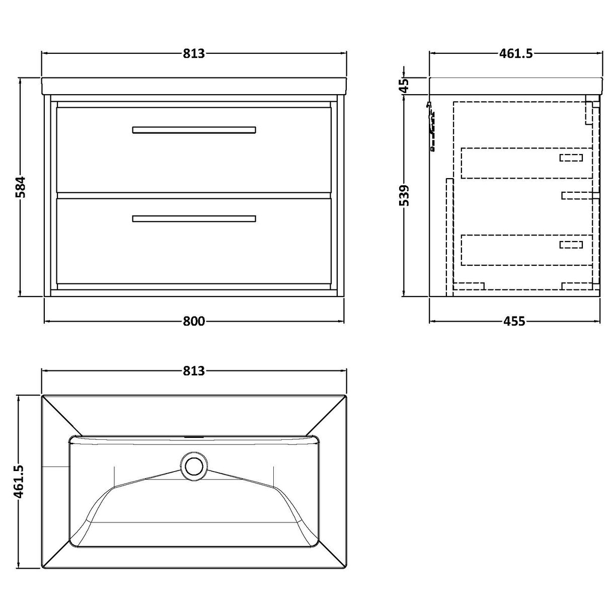 800 WH 2-Drawer Unit Contemp Basin 0TH - Coastal Grey