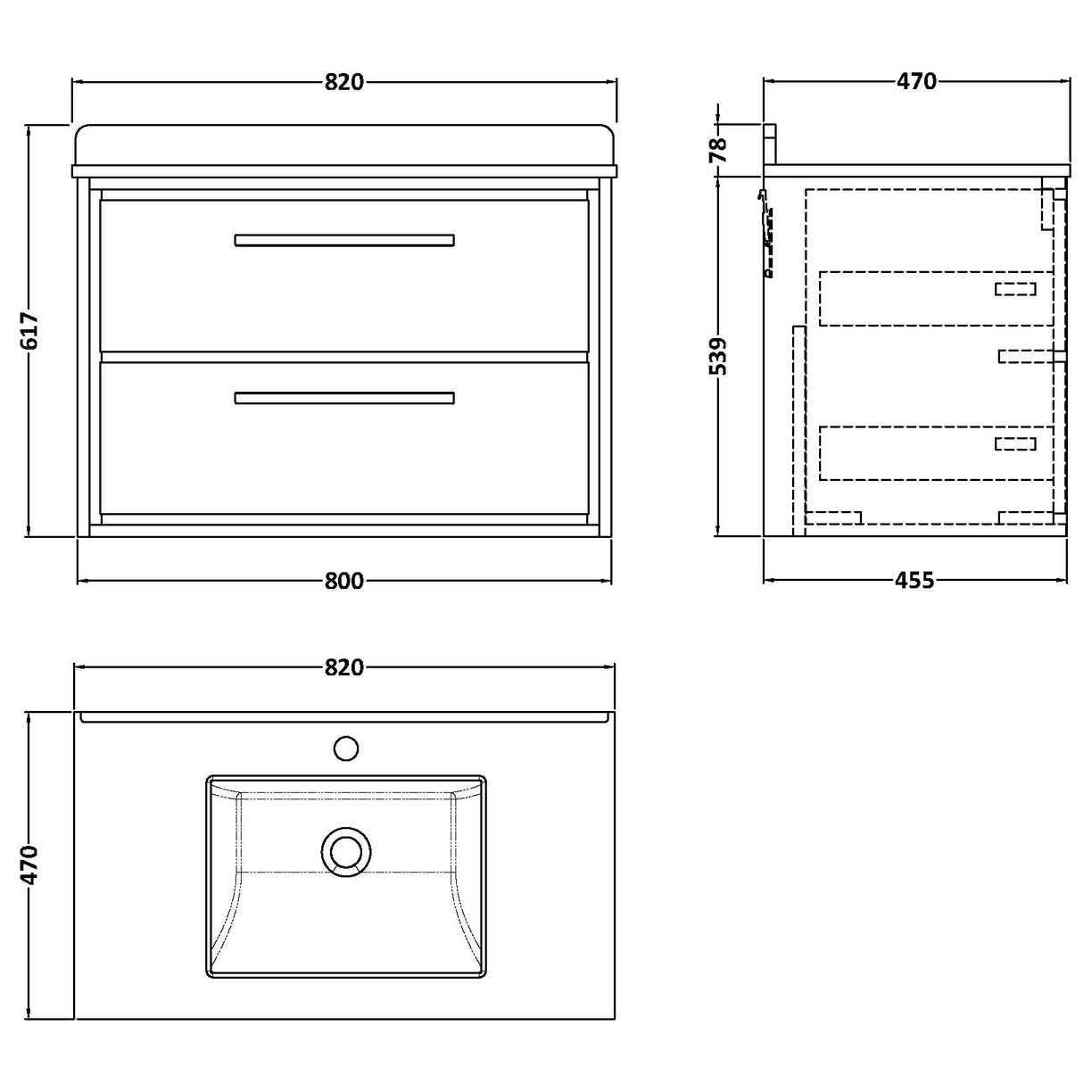 800 WH 2-Drawer Unit & Marble Basin 1TH - Coastal Grey
