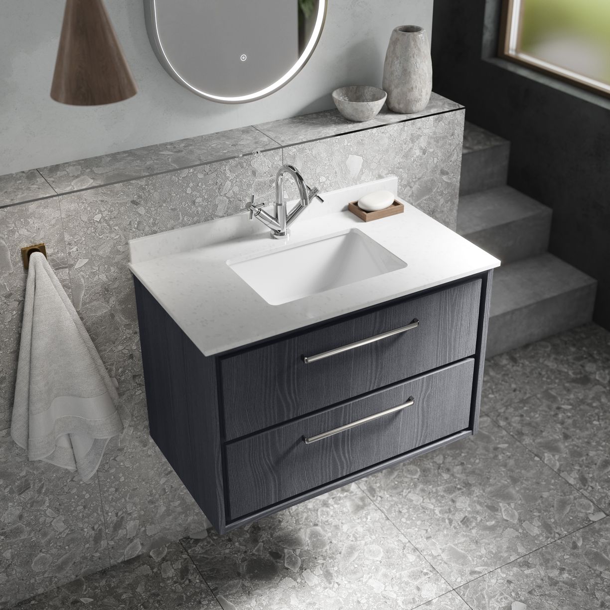 800 WH 2-Drawer Unit & Marble Basin 1TH - Coastal Grey