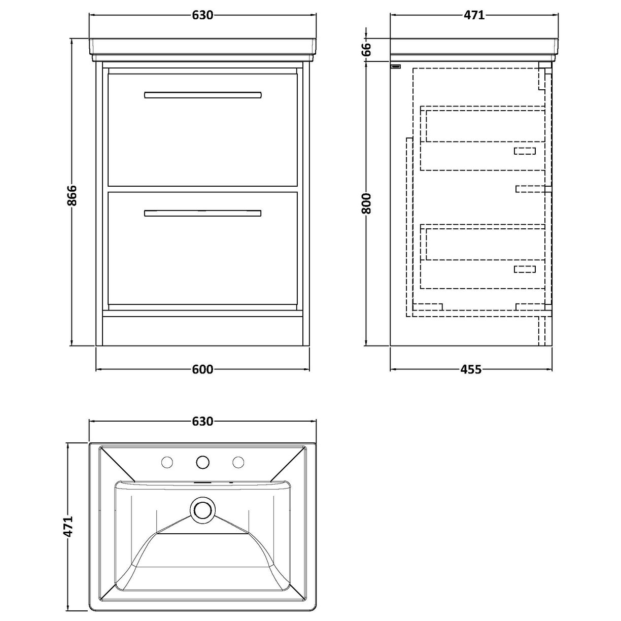 600 FS 2-Drawer Unit Classique Basin 1TH - Coastal Grey