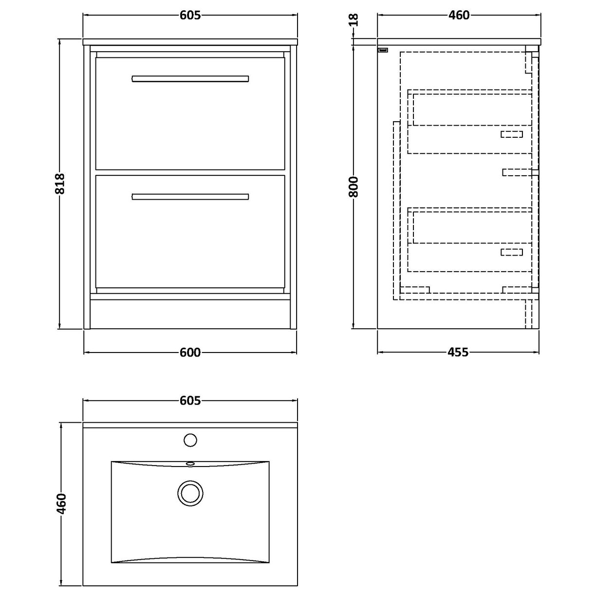 600 FS 2-Drwr Unit Minimalist Basin 1TH - Coastal Grey